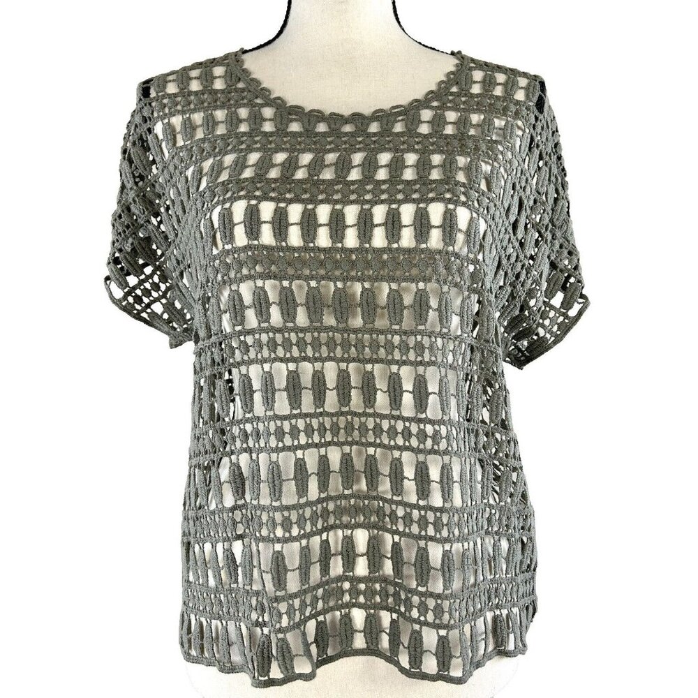 Chicos Chrochet Top Open Weave Short Sleeve Knit Olive Green Pull Over Size 0 S